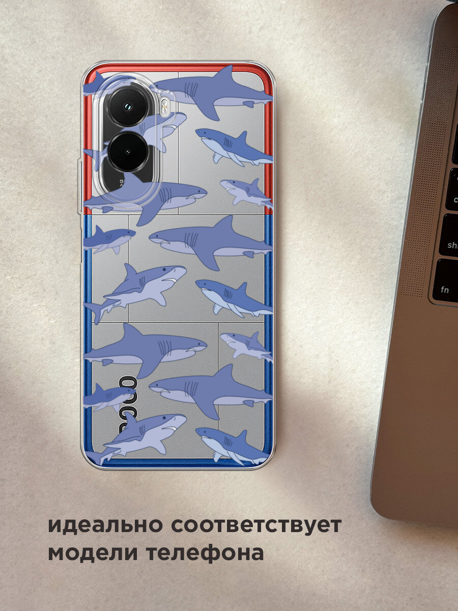 Чехол на Poco M7 4G / Поко М7 4G с принтом Акулы паттерн 2, прозрачный — фото 1