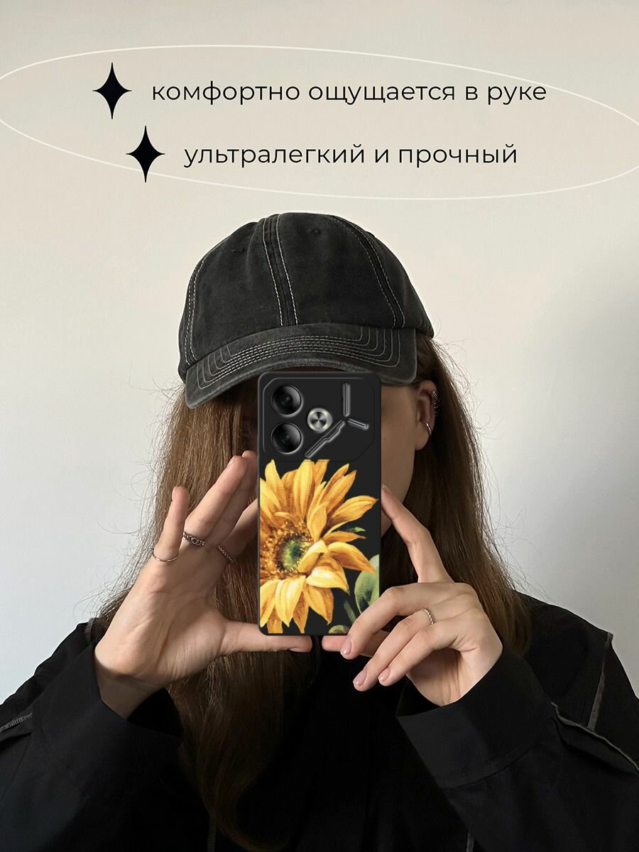 Черный матовый чехол на Tecno Pova 6 / Текно Пова 6 с принтом "Желтая хризантема" — фото 1