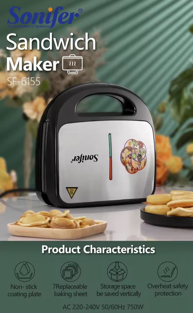Электровафельница Sonifer SF-6155, для тостов, сэндвичей, вафель, орешков, пончиков, кексы