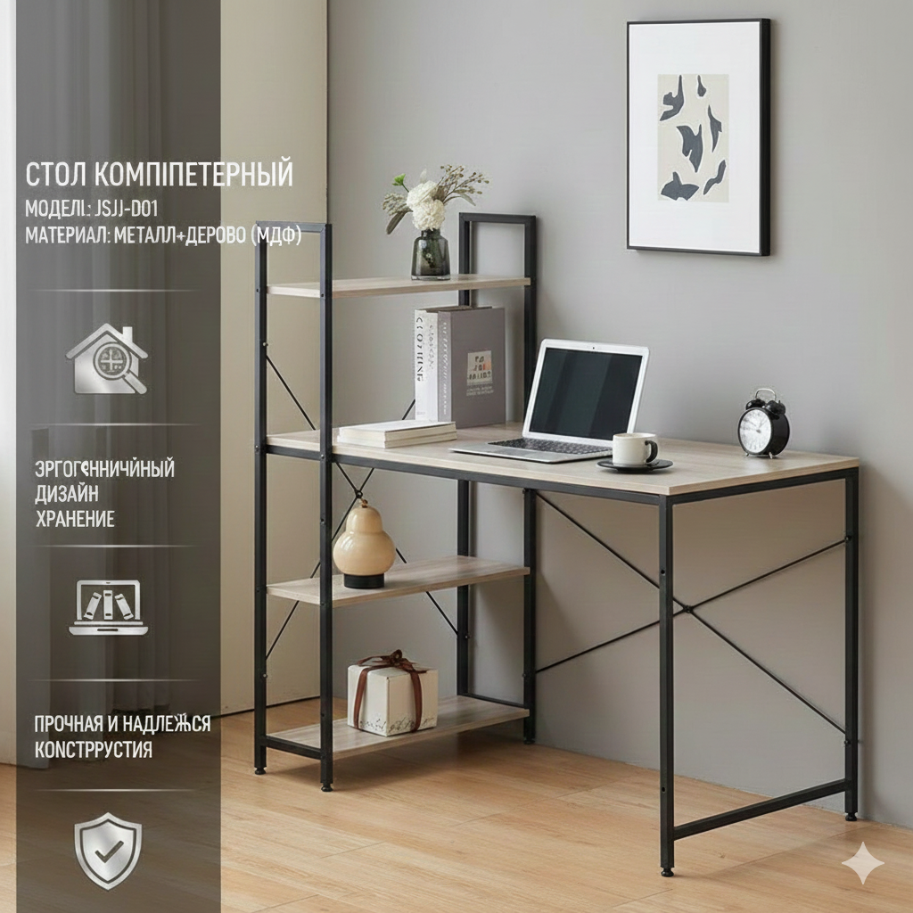 Письменный и компьютерный стол удобный, с ящиком и шкафчиком — фото 1