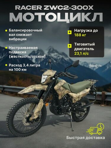 Изображение товара Мотоцикл Racer "ZWC2-300X Panther", эндуро, бензиновый двигатель, 270 см³, мощность 25л. с.