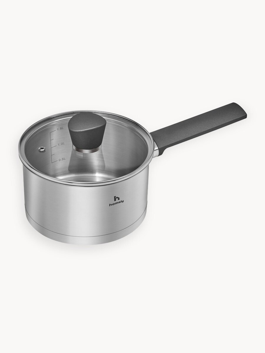 Ковш Homsly из нержавеющей стали, 1.9 л, ручка soft touch, со стеклянной крышкой