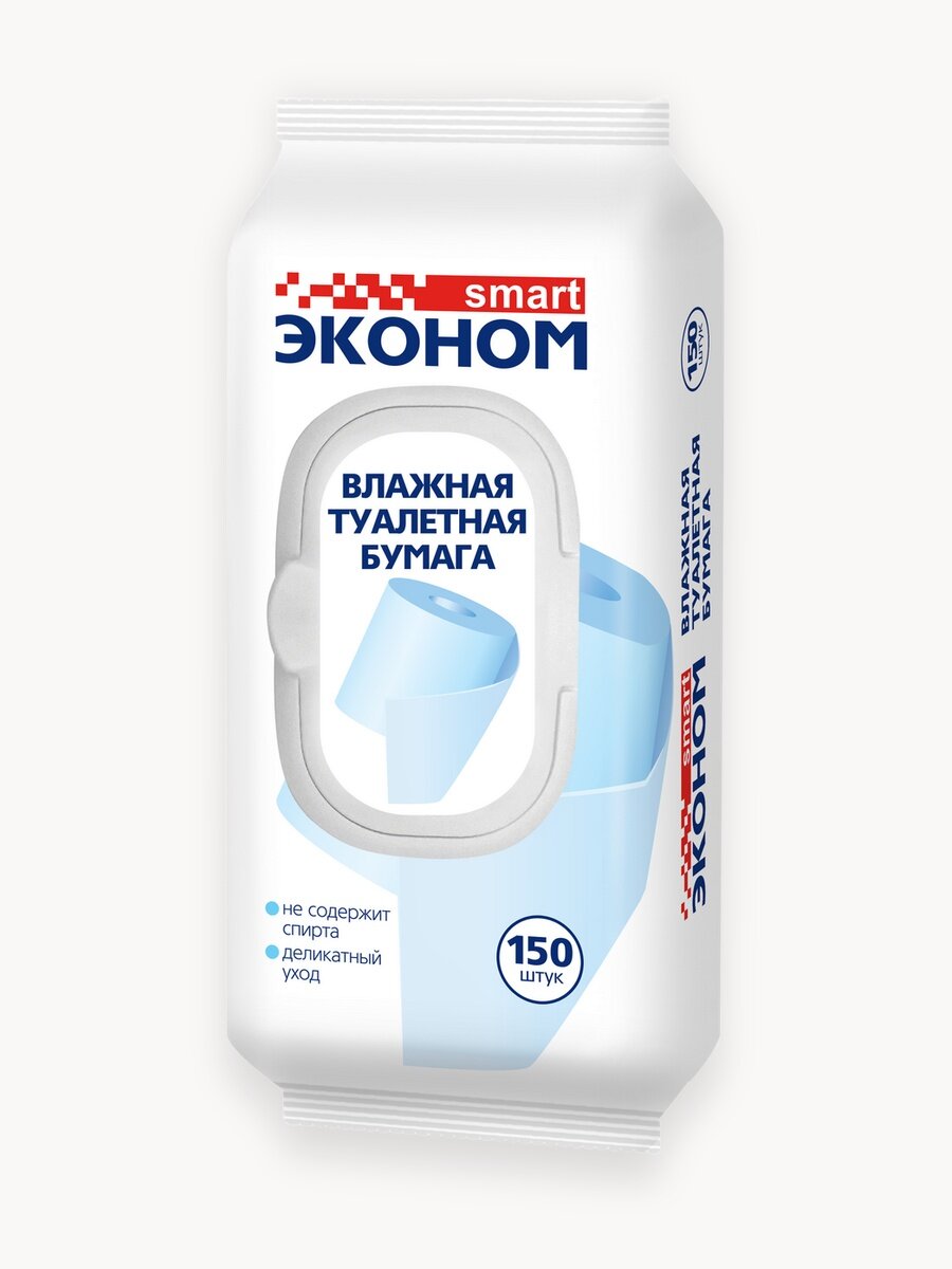 Влажная туалетная бумага Эконом smart с пластиковым клапаном 150 шт. 150 лист, белый, без запаха