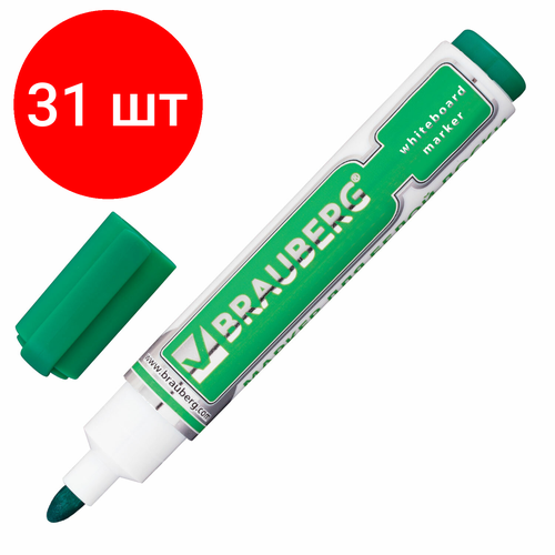 Комплект 31 шт, Маркер стираемый для белой доски зеленый, BRAUBERG Neo, 5 мм, с клипом, 150490