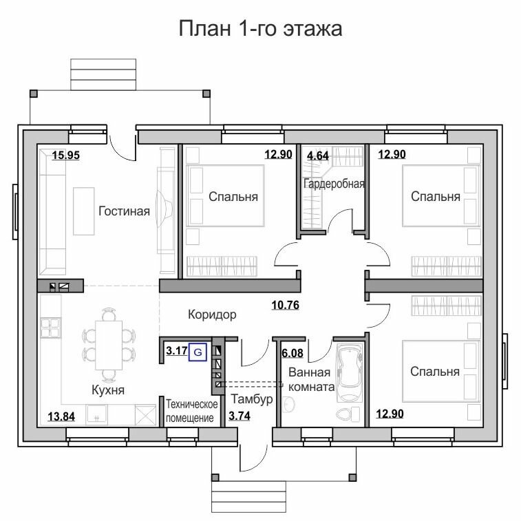 Проект одноэтажного дома с оштукатуренными стенами - фотография № 2