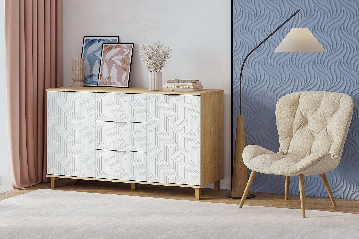 фото Комод Марвин 7 фрезеровка 3 Сантьяго 140x40x80 серый с 6 ящиками