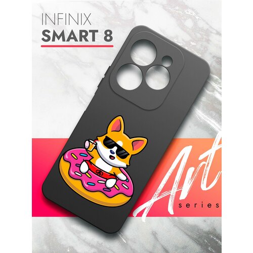 Чехол на Infinix Smart 8 (Инфиникс Смарт 8) черный матовый силиконовый с защитой (бортиком) вокруг камер, Brozo (принт) Корги в Пончике защитное стекло для infinix smart 8 8 pro 8 plus hot 40i инфиникс смарт 8 8 про 8 хот 40ай только на камеру гибридное пленка стекловолокно 2шт crystal boost