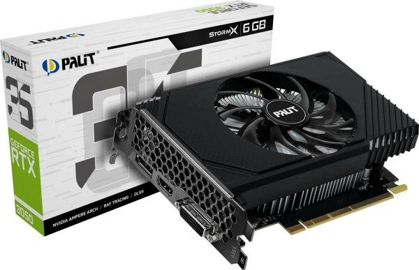 Видеокарта Palit PCI-E 4.0 RTX3050 STORMX NVIDIA GeForce RTX 3050 6Gb 96bit GDDR6 1042/14000 DVIx1 HDMIx1 DPx1 HDCP Ret