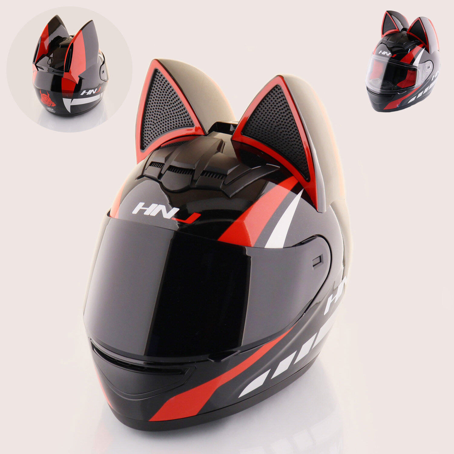 Мотошлем интеграл (size: S, женский, с кошачьими ушками, черный, красный) "HNJ"