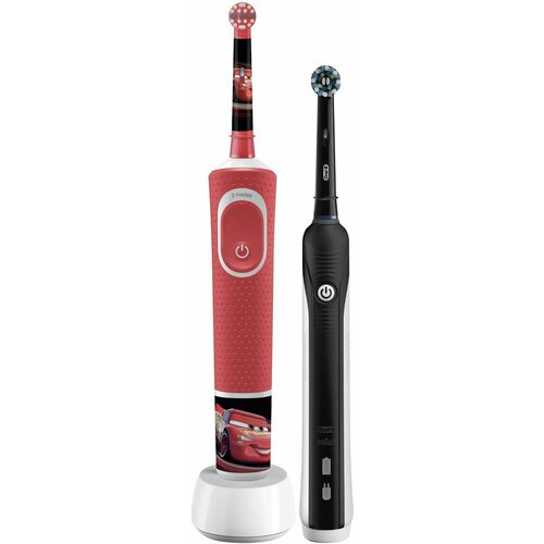 Набор электрических зубных щеток Oral-B Family Edition Pro 1 700+Kids Cars насадки для щётки: 2шт, цвет: черный и красный
