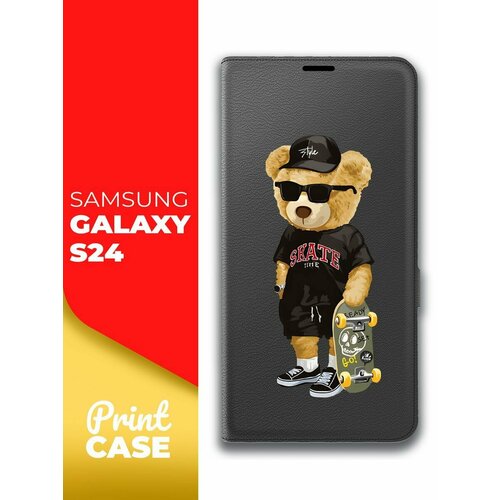 Чехол на Samsung Galaxy S24 (Самсунг Галакси С24) черный книжка эко-кожа подставка отделение для карт магнит Book case, Miuko (принт) Мишка Скейт