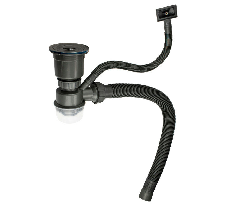 FABIA PROFI - Сифон для мойки с переливом графит с отводом под сливной шланг и со съёмной корзинкой для мусора (8734)