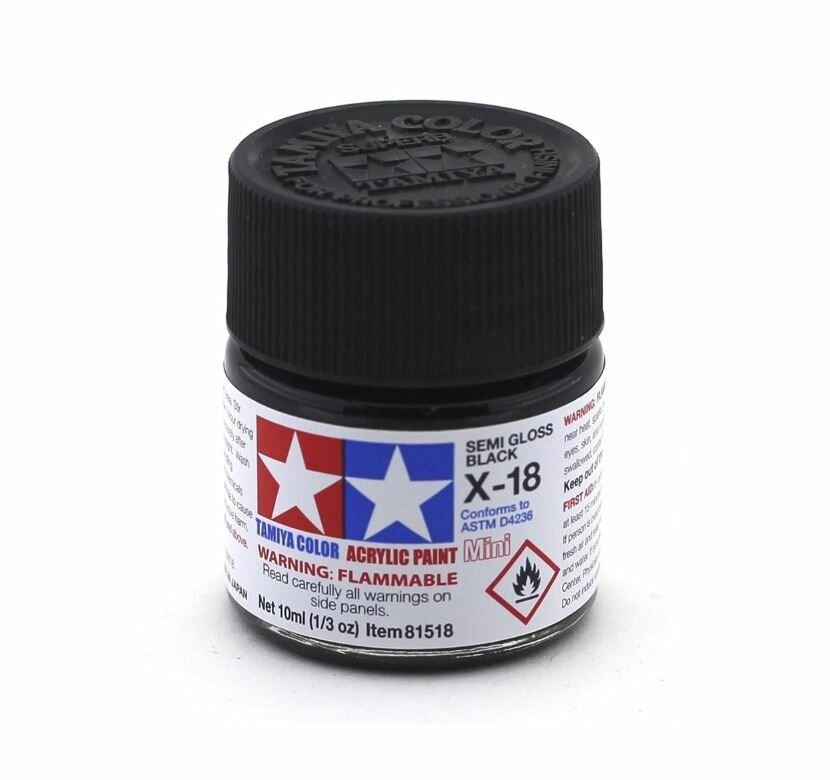 Краска акриловая X-18 SEMI-GLOSS BLACK, ACRYLIC PAINT MINI 10 ML. (Чёрный полуматовый) TAMIYA 81518