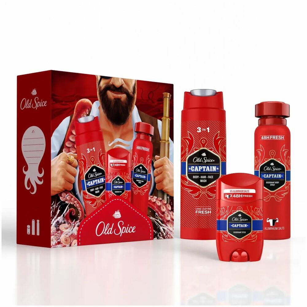 Old Spice Подарочный набор "Captain" (Гель для душа 3в1, 250 мл. + Дезодорант-спрей, 150 мл. + Дезодорант-стик, 50 мл.)