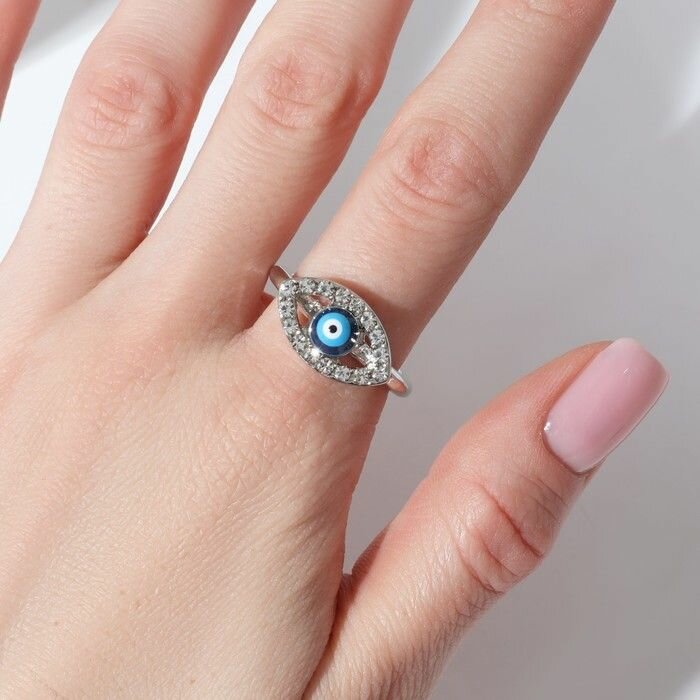 Комплект бижутерии Кольцо Оберег глаз, классика, цвет бело-синий в серебре, безразмерное .