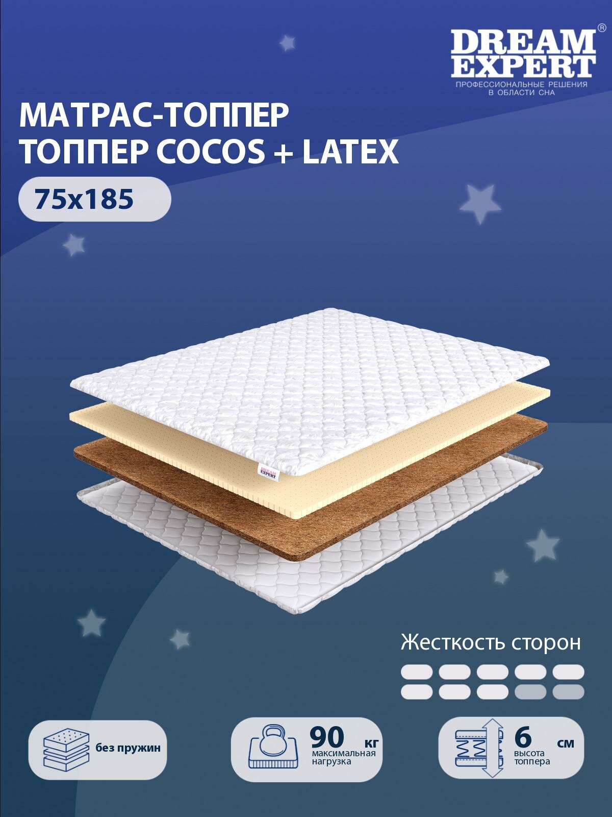 Матрас-топпер, Топпер-наматрасник DreamExpert Cocos + Latex тонкий матрас, на резинке, Беспружинный, хлопковый, на кровать 75x185