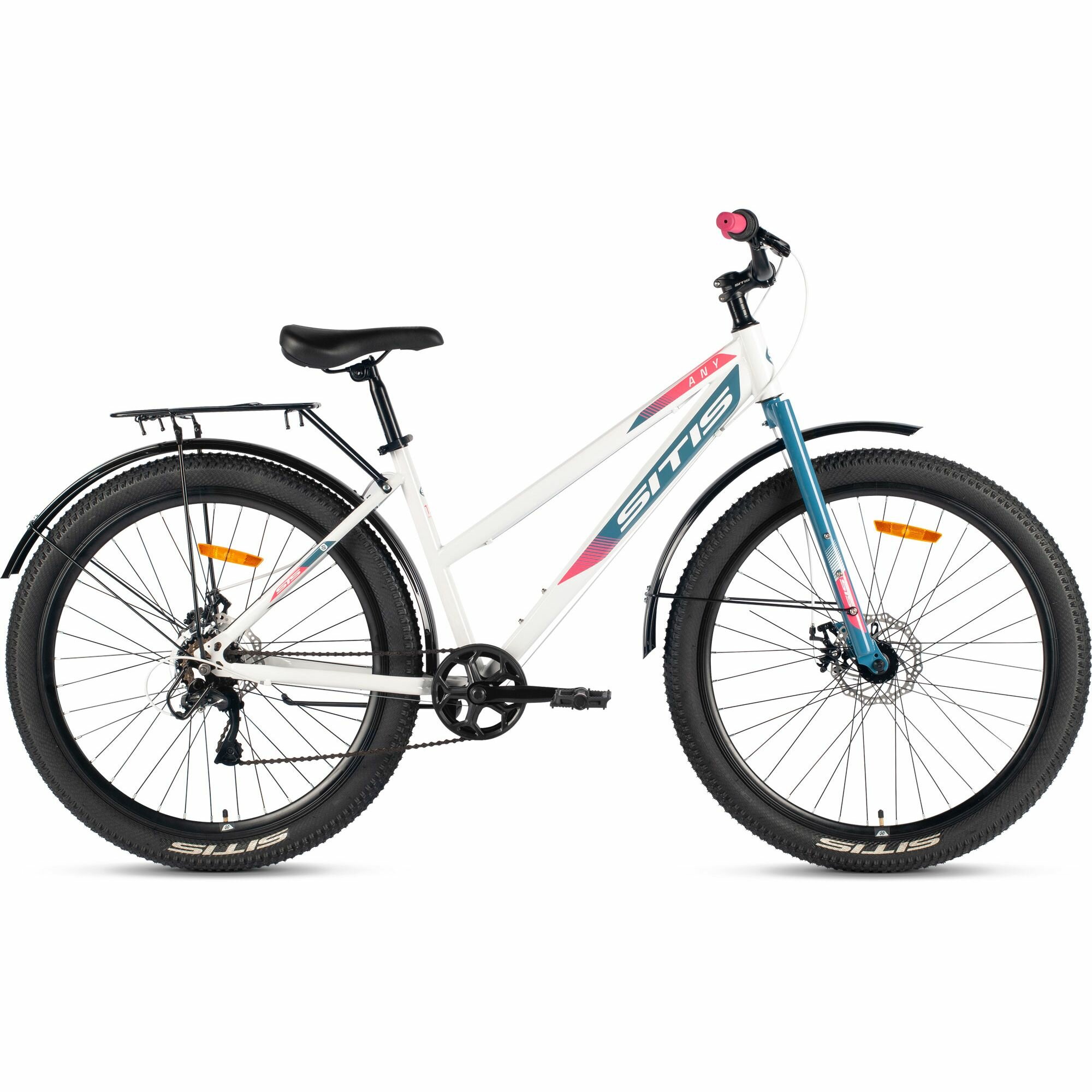 Велосипед городской SITIS ANY 27,5" 7sp (2024) White-Grey-Pink, ригид, взрослый, женский, стальная рама, 7 скоростей, дисковые механические тормоза, размер рамы 17", для роста 165-175 см