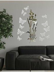 Наклейка интерьерная на стену INFINITY интерьер, зеркальный декор Цветок острый серебро -бабочки 12шт