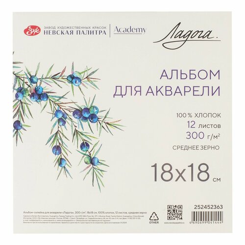Альбом для рисования Невская палитра Ладога, 18х18 см, 100% хлопок, среднее зерно, 12 листов