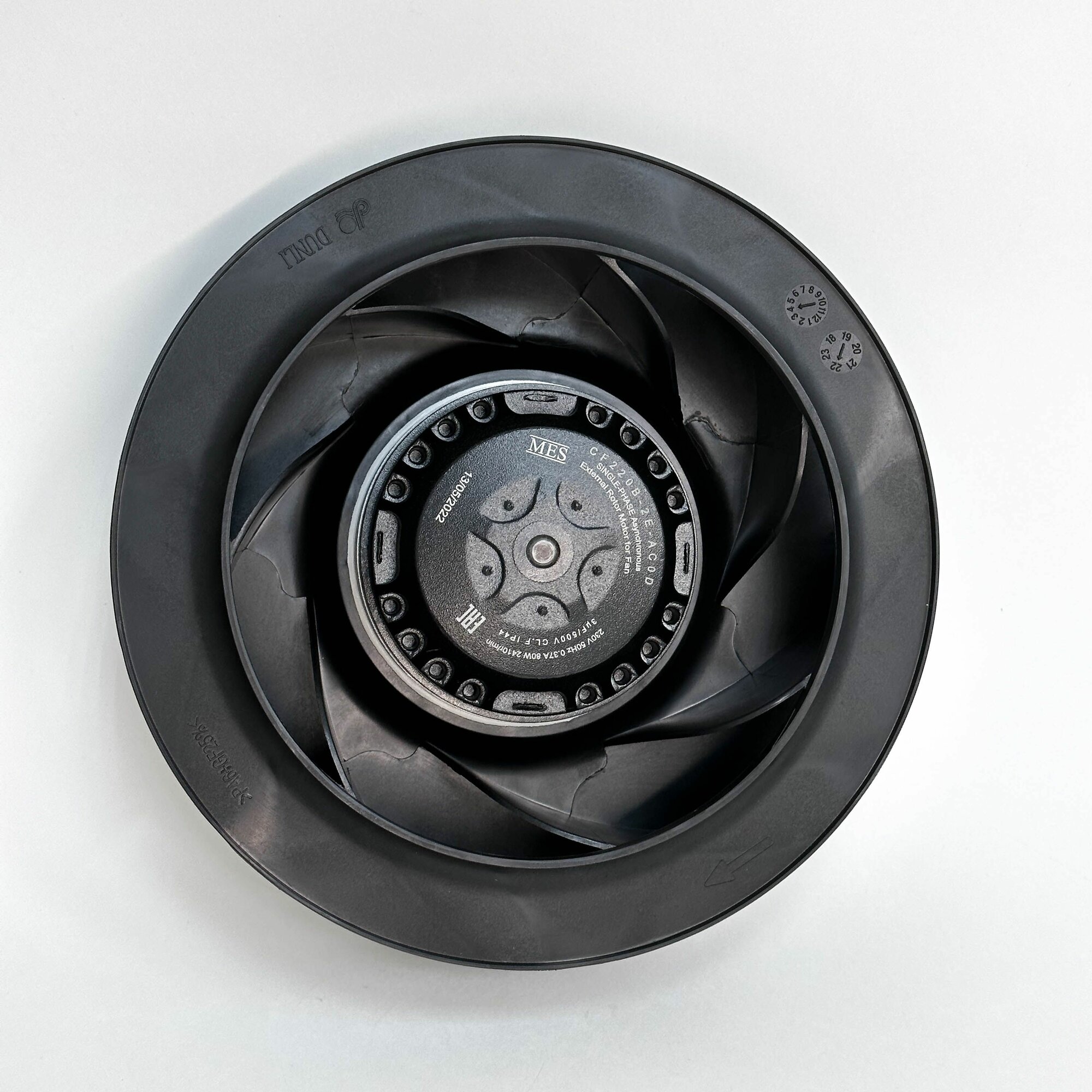 Мотор-колесо MES CF220B-2E-AC0D диаметр 220 мм центробежное, для круглых канальных вентиляторов d 160 мм, 230В, 910 м3/час, 440 Па, 80 Вт, 0.37 А, IP 44