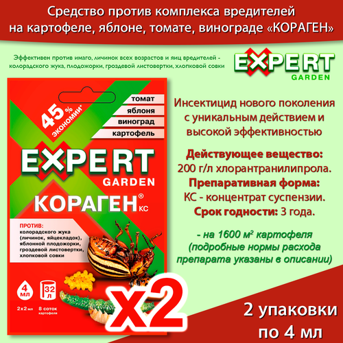 Кораген 4 мл *2 уп, средство от колорадского жука, листовертки, совки, инсектицид, томат, картофель, виноград, яблоня EXPERT GARDEN