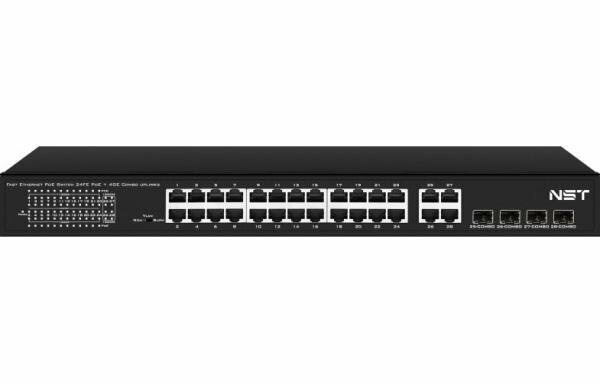 PoE коммутатор Fast Ethernet на 24 x RJ45 портов + 4 x GE Combo uplink порта. Порты: 24 x FE (10/100 Base-T) с поддержкой PoE (IEEE 802.3af/at), 4 x G