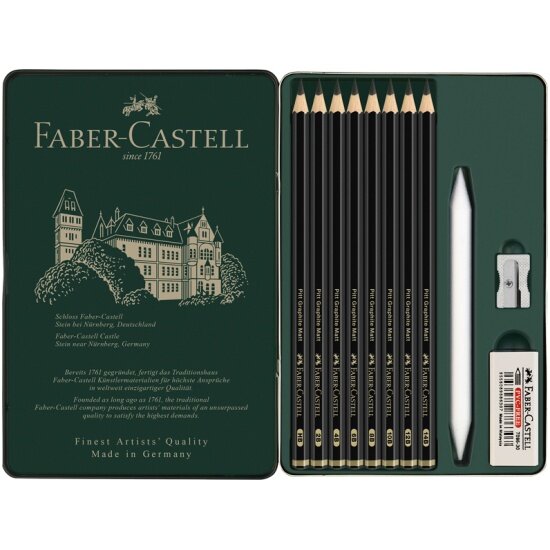 Набор карандашей Faber-castell ч/г матовых "Pitt Graphite Matt" HB, 2B, 4B, 6B, 8B, 10B, 12B, 14B, заточ, ластик, метал. точилка, растушевка, метал. кор