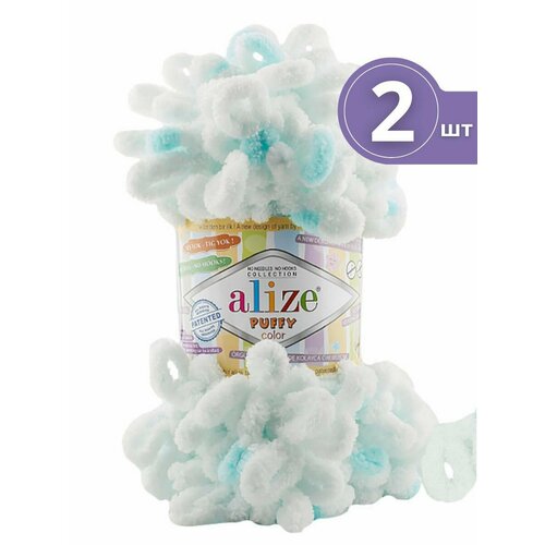 Плюшевая пряжа Alize Puffy Color (Ализе Пуффи Колор) - 2 мотка 6491 Белый /мята Микрополиэстер - 100% 100г/9м