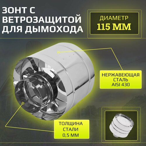 Зонт на трубу дымохода d115 мм с ветрозащитой Verpat нержавейка AISI 430 толщ 05 мм 1674₽