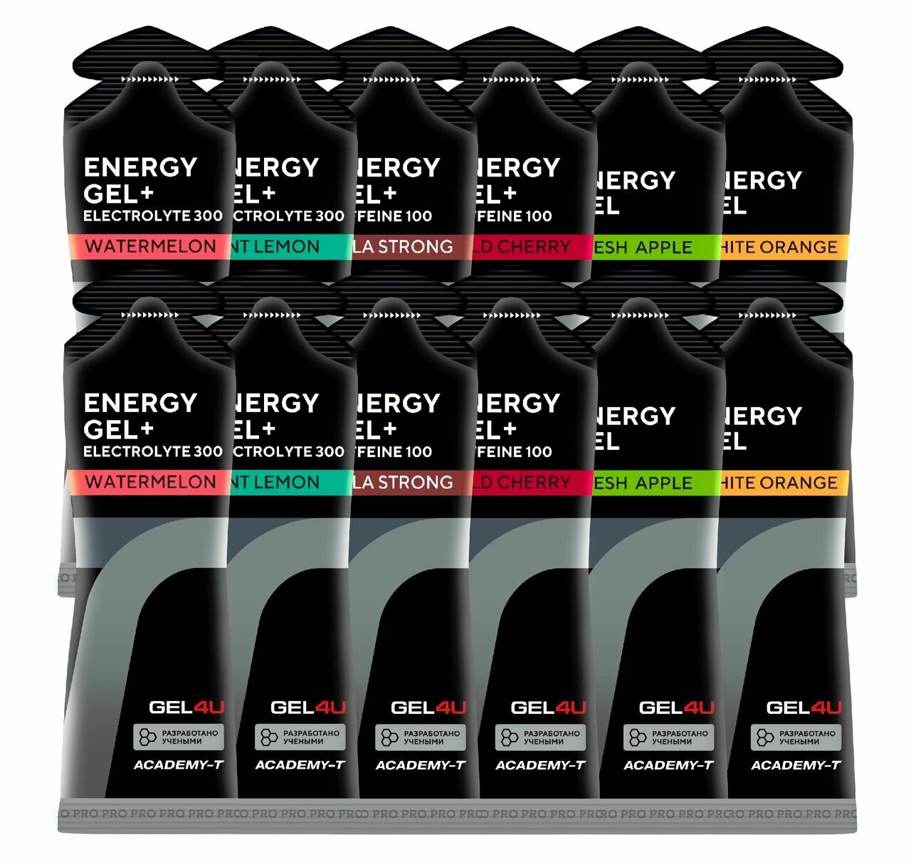 Гель питьевой GEL4U Energy Gel MIX 12 x 60 г, Апельсин, Яблоко, Лимон и Мята, Соленый Арбуз, Вишня, Кола
