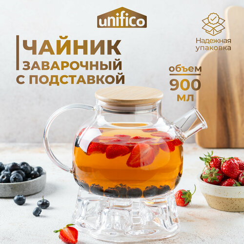 Чайник заварочный стеклянный Unifico 900 мл с бамбуковой крышкой и стеклянной подставкой 749₽
