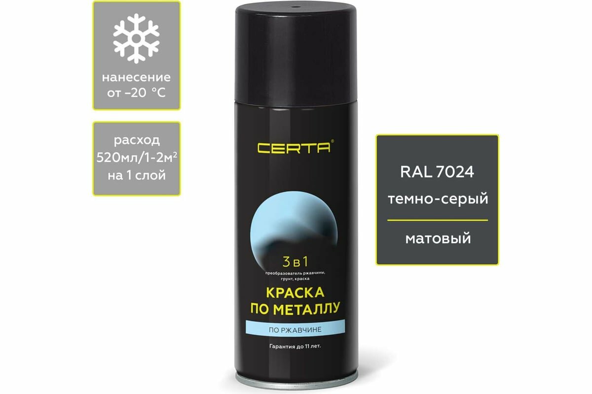 Быстросохнущая аэрозольная краска по металлу, ржавчине 3 в 1 Certa матовое покрытие, гладкая, темно-серый RAL 7024, 520 мл KRGL702488