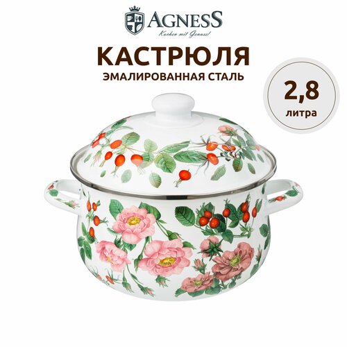 Кастрюля эмалированная 2,8 литра Agness "Шиповник" для всех видов плит 20 х 12 см розовый, зеленый, белый