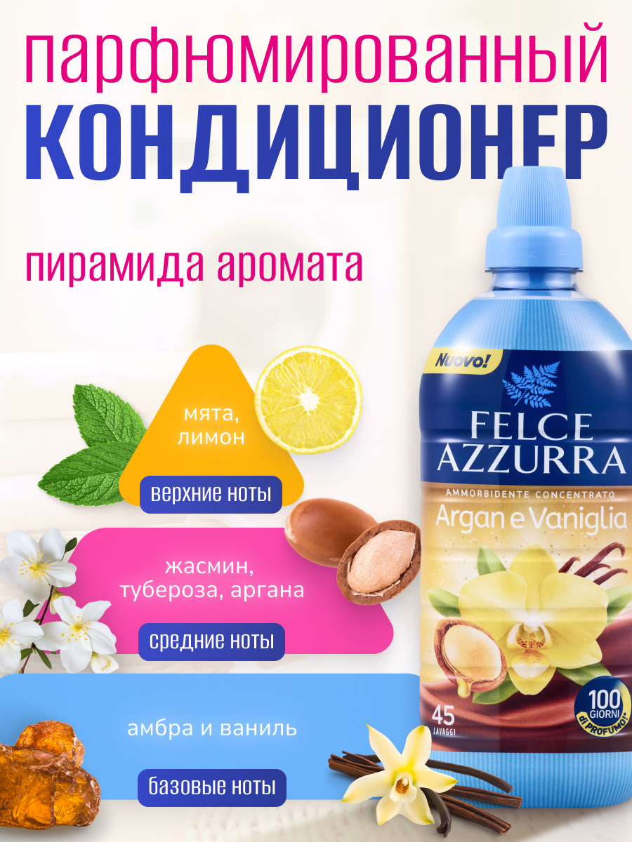 Кондиционер для белья Felce Azzurra Argan e Vanilla 900мл (эффект: ароматизация, легкая глажка, смягчение ткани) — фото 1