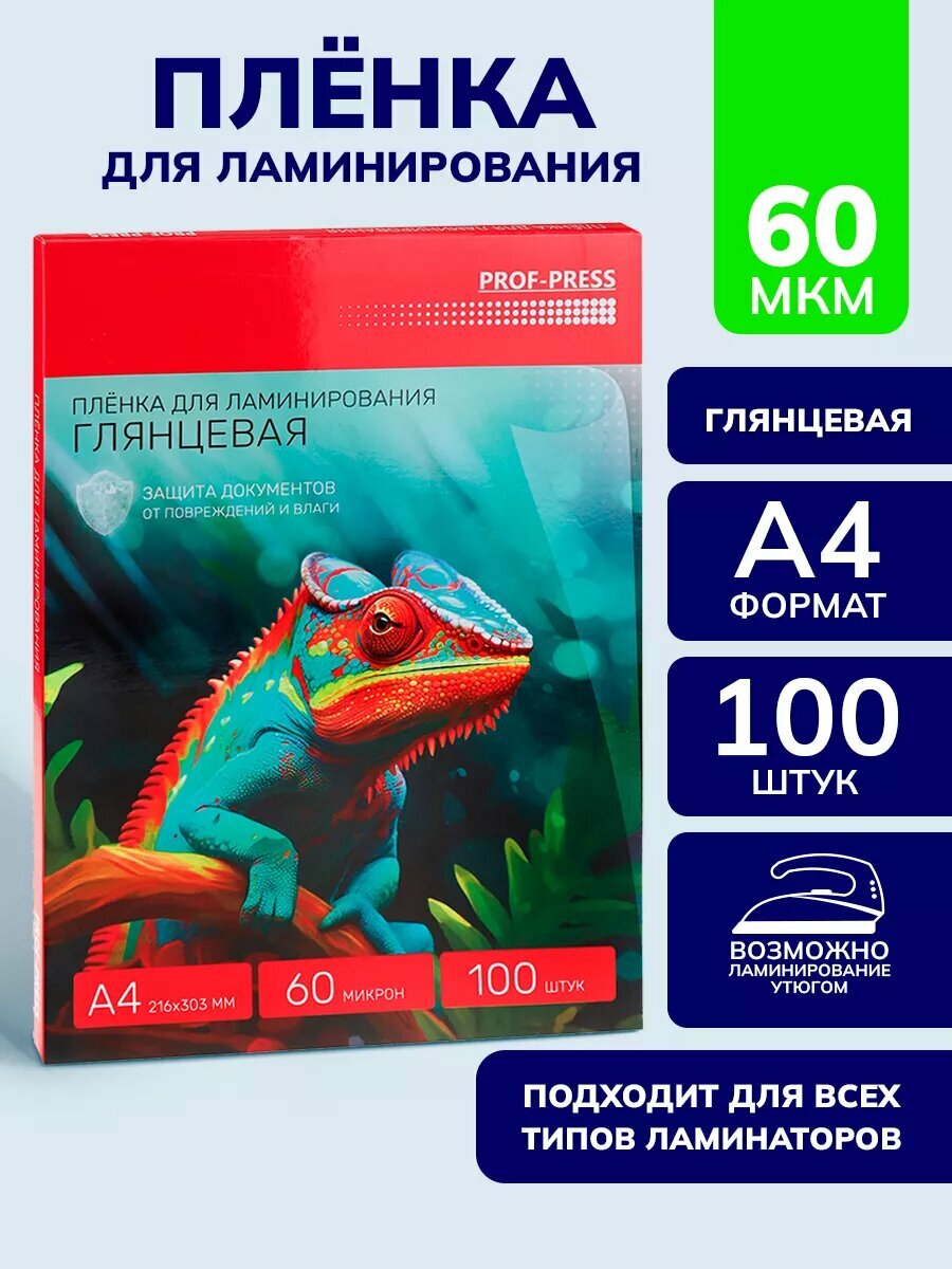 Плёнка для ламинирования Prof-Press, глянцевая, А4, 60 мкм, 100шт