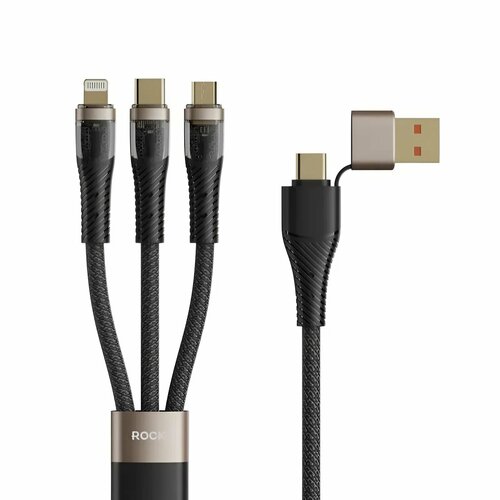 Зарядный кабель в нейлоновой оплетке 3 в 2 USB-Type A, C to Lightning + USB-type C + MicroUSB ROCK G20 Transparency Series 3 in 2 Multifunctional Fast Charging Cable 150 см. звездная ночь/черный