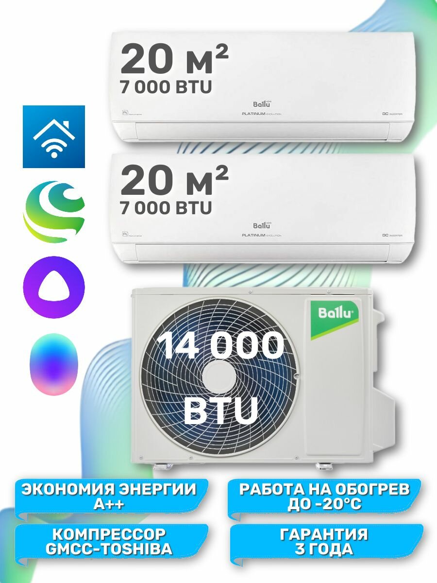 Инверторная мульти сплит-система Ballu Platinum Evolution на 2 комнаты BSUI-FM/in-07+07 HN8/EU BA2OI-FM/out-14HN8/EU