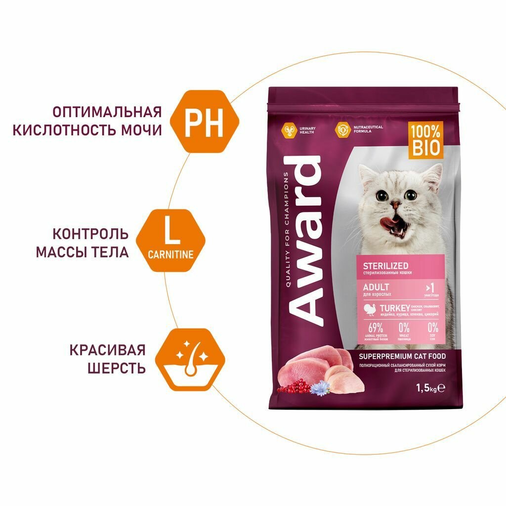 Сухой корм AWARD Sterilized для взрослых стерилизованных кошек с индейкой и курицей с добавлением клюквы и цикория 1,5кг — фото 1