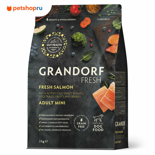 Сухой беззерновой корм Grandorf Fresh Adult MINI Salmon&Sweet Potato (Свежее филе лосося с бататом для собак мелких пород) 3 кг.