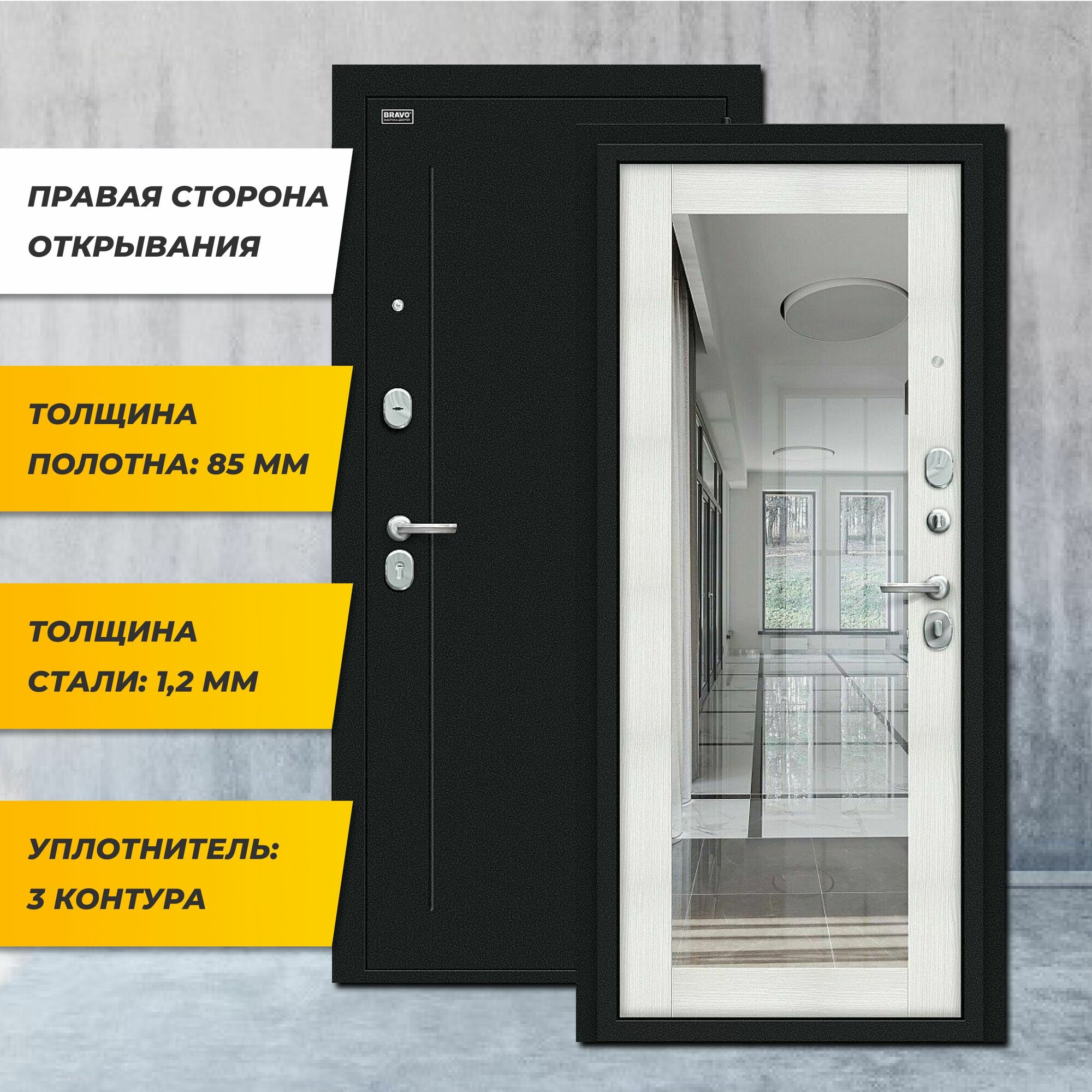 Входная дверь металлическая для квартиры Флэш Bianco Veralinga R/Букле черное с зеркалом Правая 2050*960