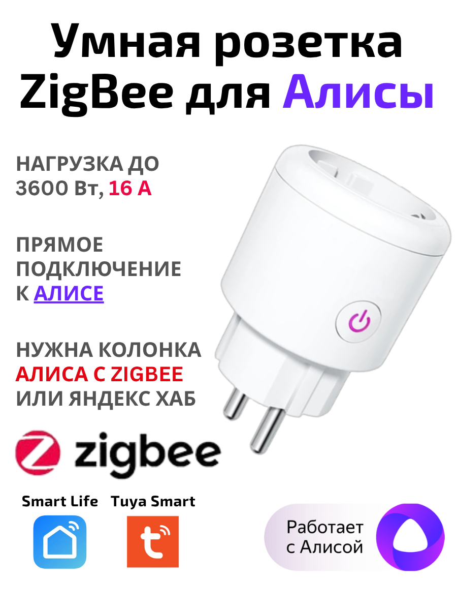 Розетка Tuya ZigBee белая 16 А голосовое управление для Алисы