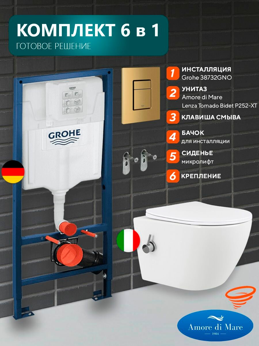 Инсталляция с унитазом комплект 6 в 1: инсталляция Grohe Rapid SL 38732GNO + подвесной унитаз Amore di Mare Lenza Tornado Bidet P252-XT с функцией биде