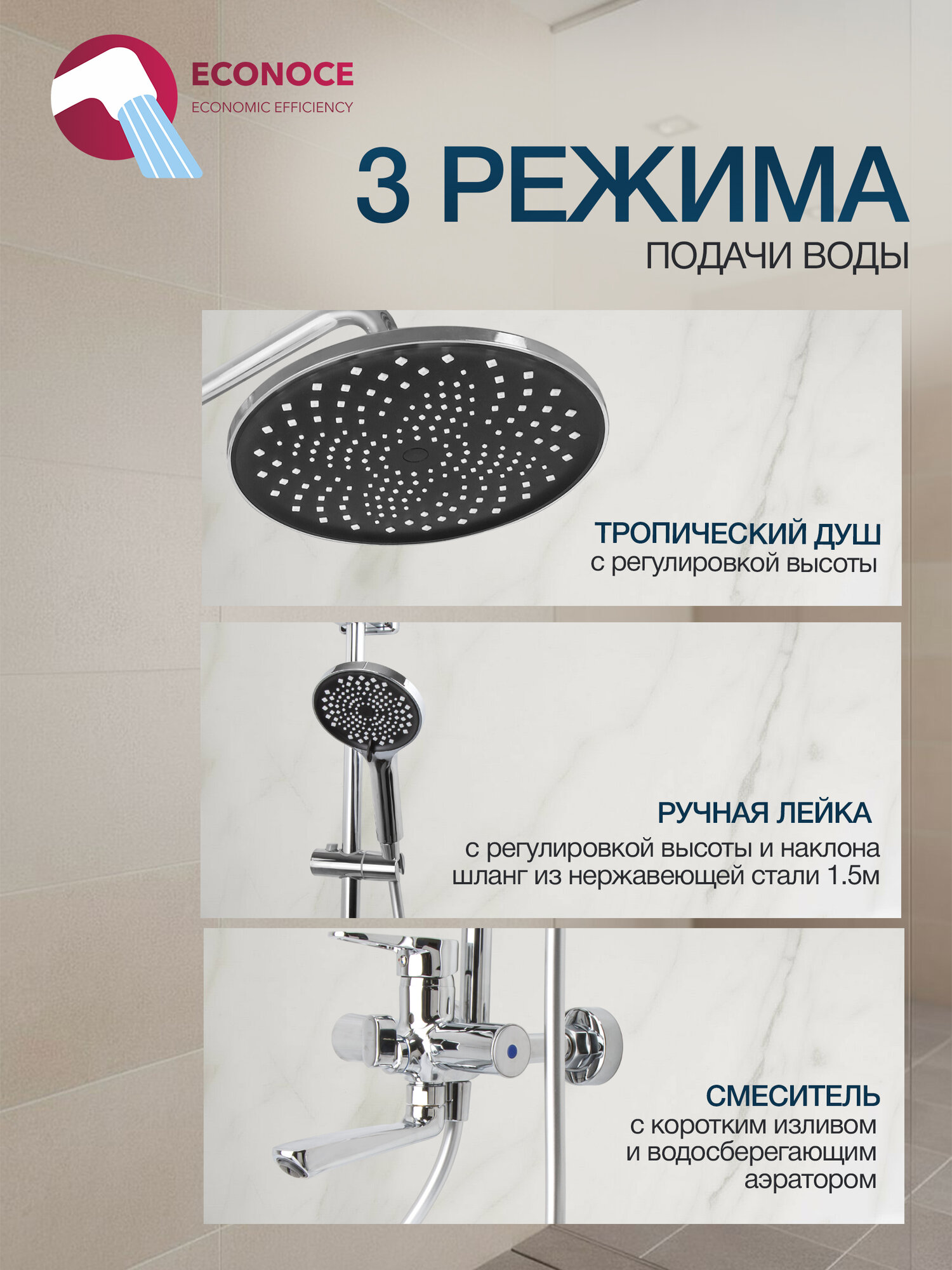 Душевая система ECONOCE D35-A EC0407, экономичная, 400 серия — фото 1