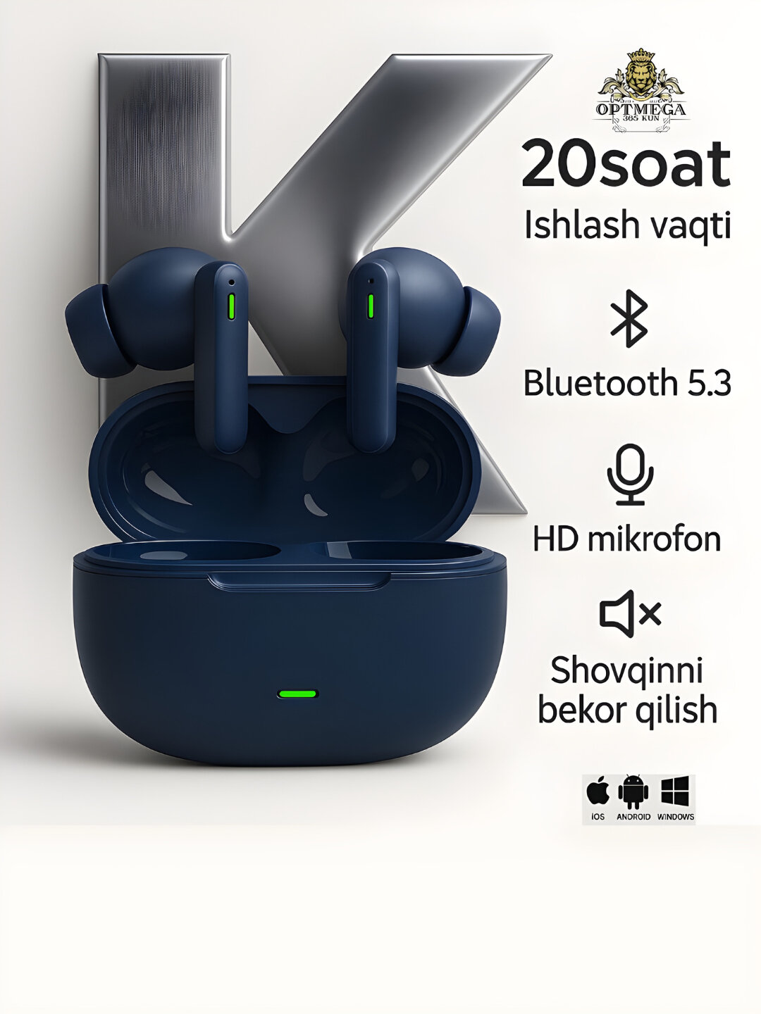 Наушники беспроводные, сенсорные с bluetooth для iPhone и Android. XK01 - Индиго