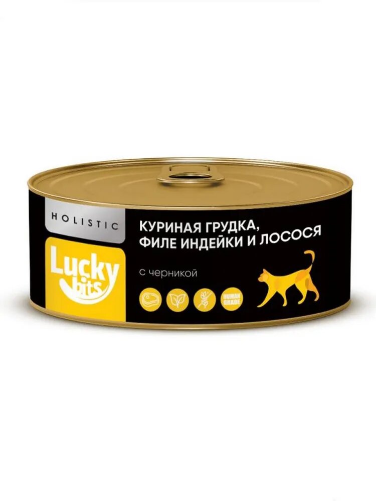 Консервы для кошек Lucky bits куриная грудка  филе индейки и лосося с черникой  100 г
