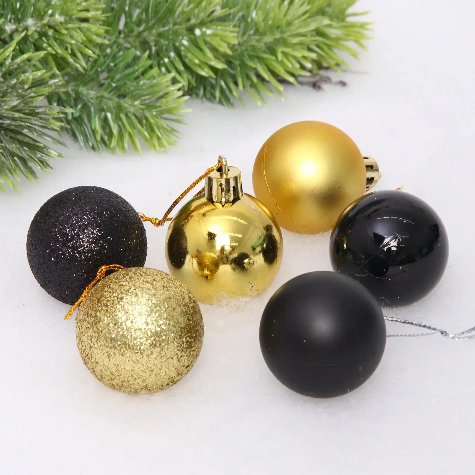 Новогодние шары 4 см (набор 6 шт) «Микс фактур», черный/золото, пластик, для елки и декорирования
