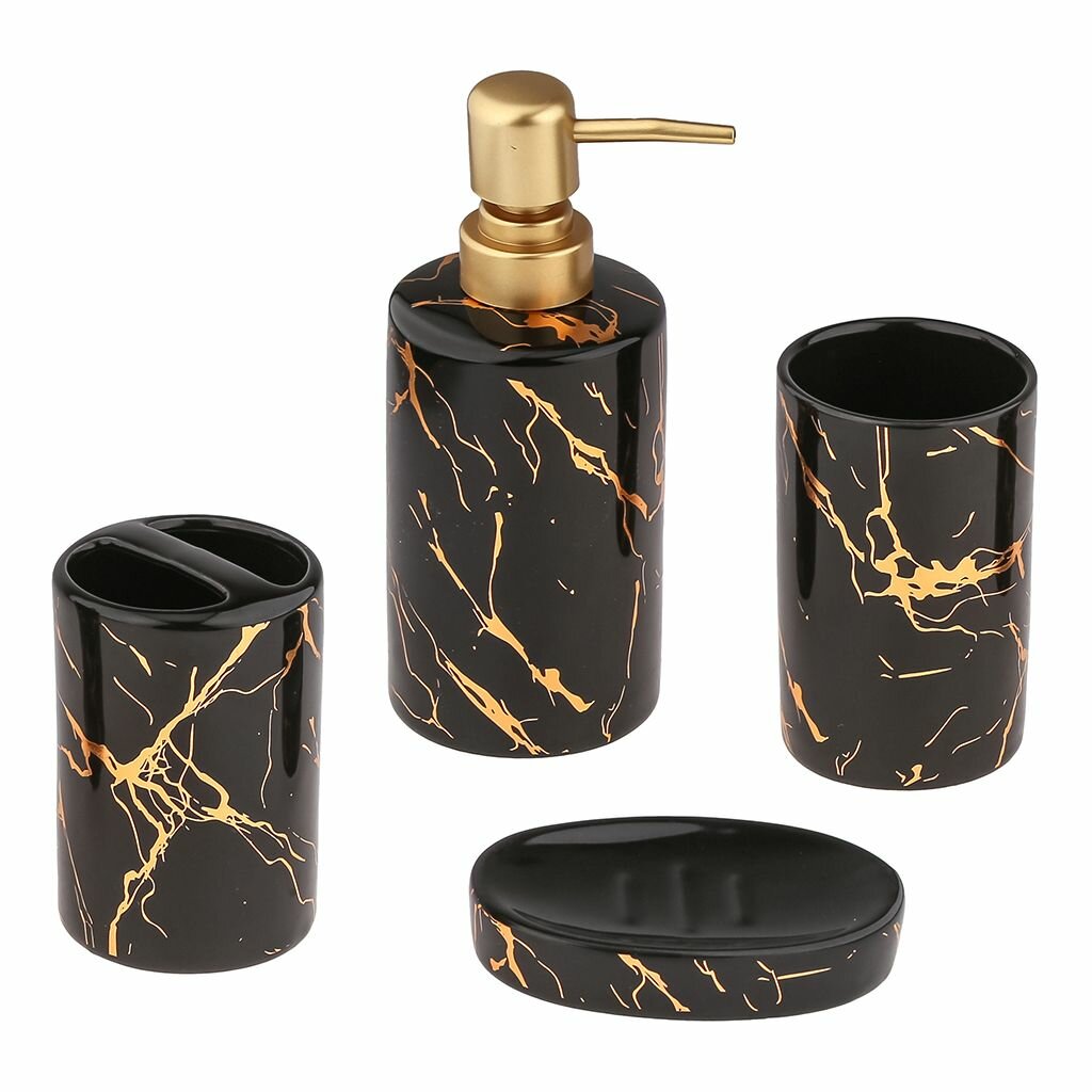 Набор д/ванной 4пр "Мрамор" дозатор/мыльница/стакан-разделит/стакан керамика глянцевая глазурь, черный/золотой