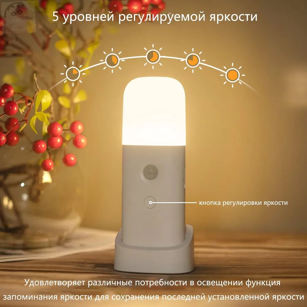 Настольный портативный беспроводной светильник ночник с датчиком движения 5 уровней яркостей / с аккумулятором 2000 mAh1