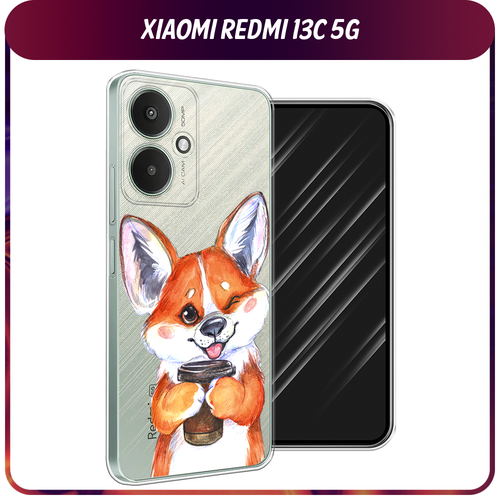 Силиконовый чехол на Xiaomi Redmi 13C 5G/13R 5G/Poco M6 5G / Сяоми Редми 13C 5G/13R 5G/Поко М6 5G Корги с кофе, прозрачный силиконовый чехол маленькие ромашки на xiaomi redmi 13c 5g сяоми редми 13c 5g