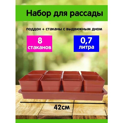 Набор для рассады Дачник-2 8 стаканов 0,7л + поддон, терракотовый, Сузун